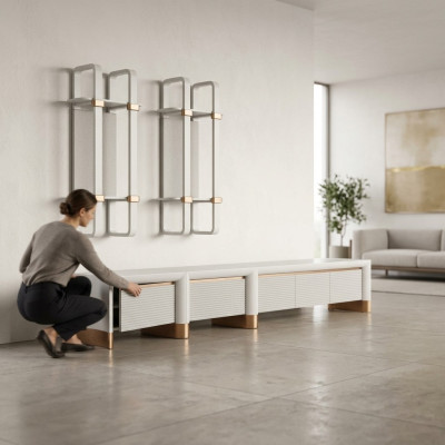 Mueble de sala de estar de madera diseño de soporte para TV 2 estantes de pared mobiliario moderno