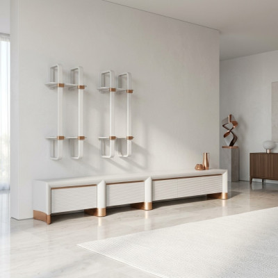 Mueble de sala de estar de madera diseño de soporte para TV 2 estantes de pared mobiliario moderno
