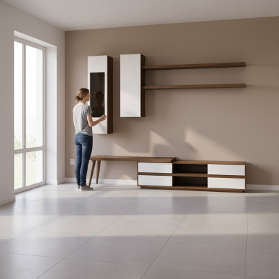 Mueble para TV de 5 piezas de madera + mesa de centro moderna, 2 estantes de pared.