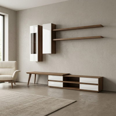 Mueble para TV de 5 piezas de madera + mesa de centro moderna, 2 estantes de pared.
