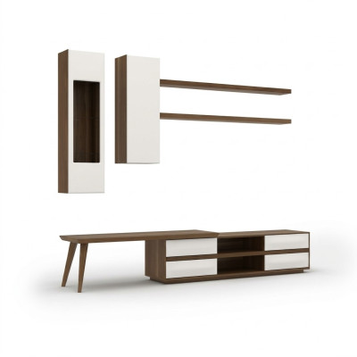 Mueble para TV de 5 piezas de madera + mesa de centro moderna, 2 estantes de pared.