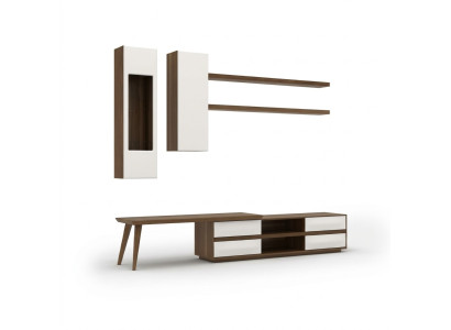 Mueble para TV de 5 piezas de madera + mesa de centro moderna, 2 estantes de pared.