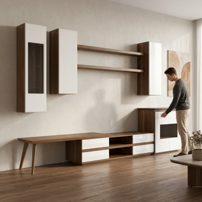 Conjunto de sala completo de 7 piezas: soporte de TV + mesa de centro, muebles de madera, vitrina moderna.