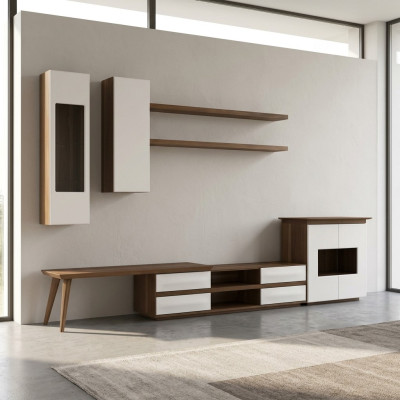 Conjunto de sala completo de 7 piezas: soporte de TV + mesa de centro, muebles de madera, vitrina moderna.