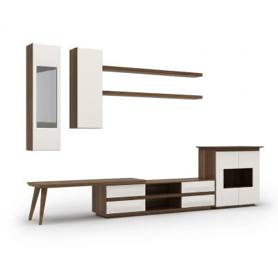 Conjunto de sala completo de 7 piezas: soporte de TV + mesa de centro, muebles de madera, vitrina moderna.