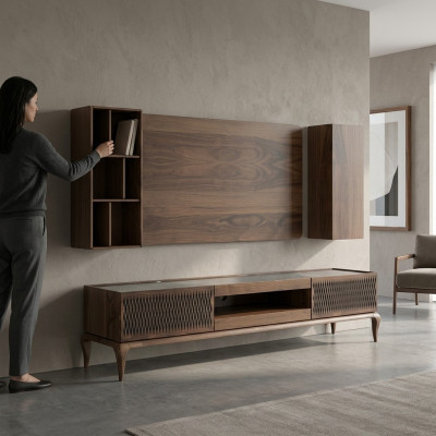 Muebles de madera para la sala de estar, set de 4 piezas, soporte de TV, estanterías, mueble de pared para TV, marco nuevo.