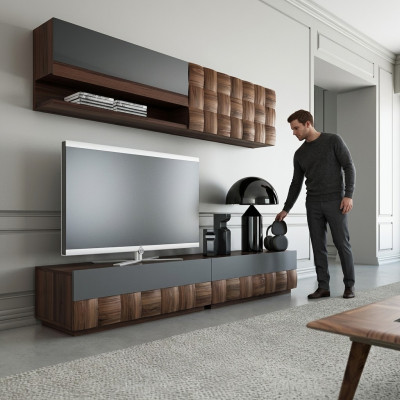 Sala de estar completa de 4 piezas: soporte para TV, pared de la sala, muebles de madera, estante de pared, armario de pared.