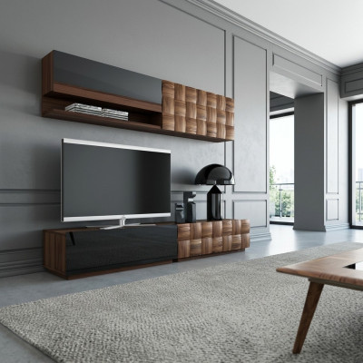 Sala de estar completa de 4 piezas: soporte para TV, pared de la sala, muebles de madera, estante de pared, armario de pared.