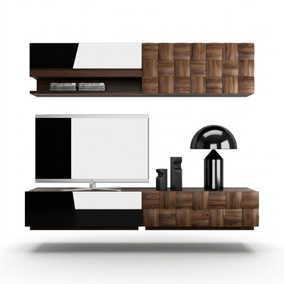 Sala de estar completa de 4 piezas: soporte para TV, pared de la sala, muebles de madera, estante de pared, armario de pared.