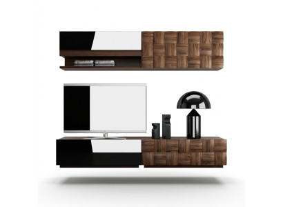 Sala de estar completa de 4 piezas: soporte para TV, pared de la sala, muebles de madera, estante de pared, armario de pared.
