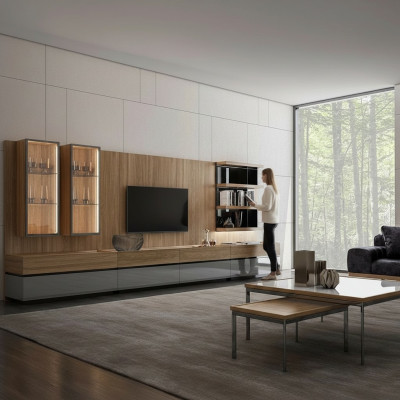 Diseño moderno. Conjunto de pared para sala de estar con soporte para TV, estantes de pared y muebles de madera, nuevo.