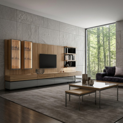 Diseño moderno. Conjunto de pared para sala de estar con soporte para TV, estantes de pared y muebles de madera, nuevo.