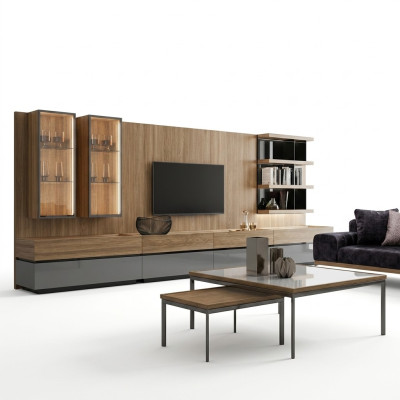 Diseño moderno. Conjunto de pared para sala de estar con soporte para TV, estantes de pared y muebles de madera, nuevo.