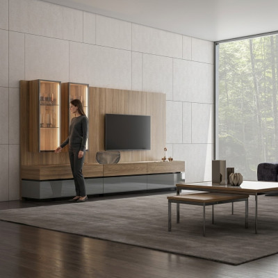 Lujo conjunto completo de pared de la sala de estar en marrón. Conjunto de muebles de diseño moderno para el soporte de TV.