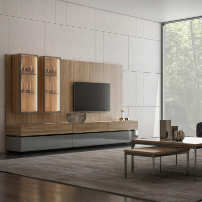 Lujo conjunto completo de pared de la sala de estar en marrón. Conjunto de muebles de diseño moderno para el soporte de TV.