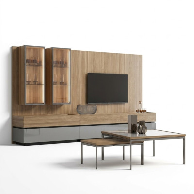 Lujo conjunto completo de pared de la sala de estar en marrón. Conjunto de muebles de diseño moderno para el soporte de TV.
