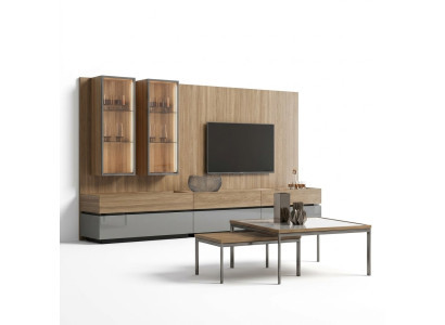 Lujo conjunto completo de pared de la sala de estar en marrón. Conjunto de muebles de diseño moderno para el soporte de TV.