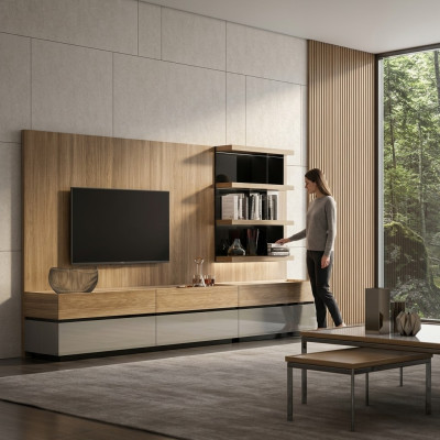 Muebles de sala, pared de salón de 320 cm, mobiliario marrón de lujo, estanterías de pared.