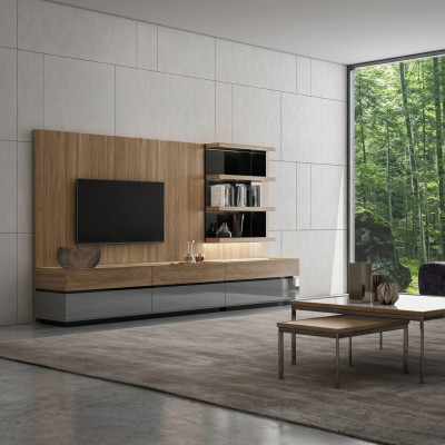 Muebles de sala, pared de salón de 320 cm, mobiliario marrón de lujo, estanterías de pared.
