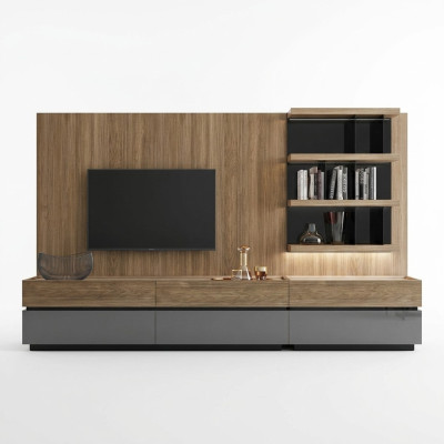Muebles de sala, pared de salón de 320 cm, mobiliario marrón de lujo, estanterías de pared.