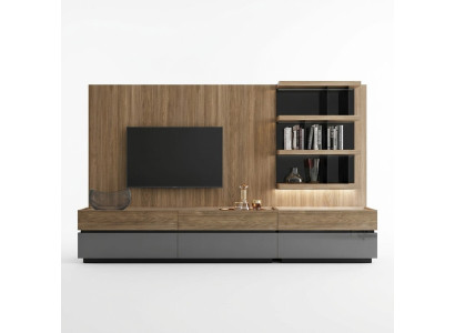 Muebles de sala, pared de salón de 320 cm, mobiliario marrón de lujo, estanterías de pared.