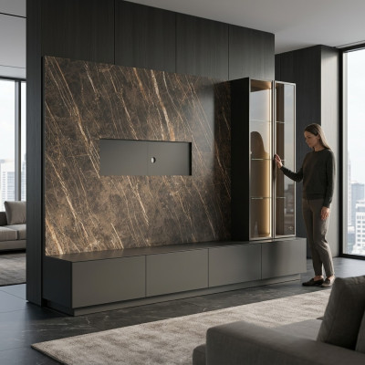 Mueble de salón de lujo de diseñador de 6 piezas en madera gris moderno.