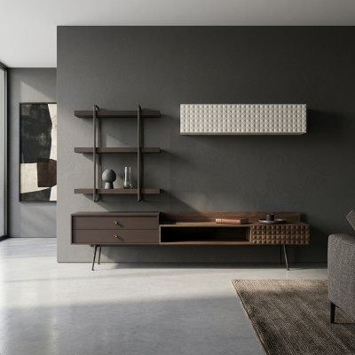 Muebles de salón completos en marrón. Armario de pared, mueble de salón, soporte para TV, estanterías de pared.