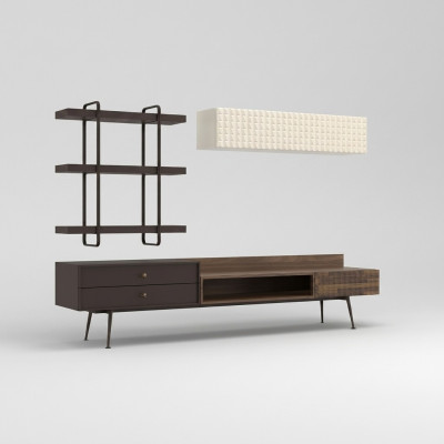 Muebles de salón completos en marrón. Armario de pared, mueble de salón, soporte para TV, estanterías de pared.