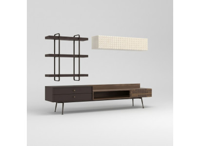 Muebles de salón completos en marrón. Armario de pared, mueble de salón, soporte para TV, estanterías de pared.