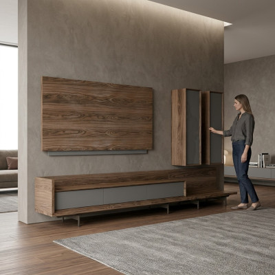 Mobiliario de salón, soporte de TV, armario de pared completo, marco de TV, diseño de interiores.