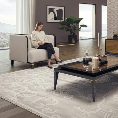 Moderno sillón de salón de muebles nuevos, diseño de interior, cojín blanco.
