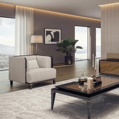 Moderno sillón de salón de muebles nuevos, diseño de interior, cojín blanco.