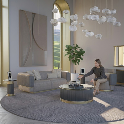 Sala de estar completa de 2 piezas, sofá de tres plazas, muebles tapizados, sillón, diseño moderno.