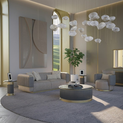 Sala de estar completa de 2 piezas, sofá de tres plazas, muebles tapizados, sillón, diseño moderno.