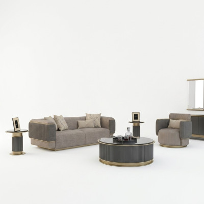 Sala de estar completa de 2 piezas, sofá de tres plazas, muebles tapizados, sillón, diseño moderno.