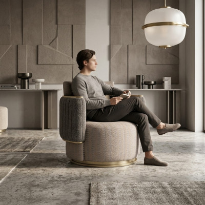Sala de estar con decoración gris, sillón tapizado en tela moderno, muebles tapizados nuevos.