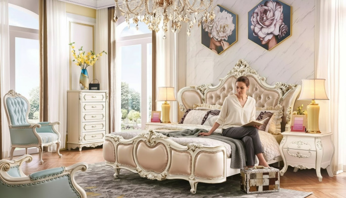 möbel de dormitorio clásicos cama con 2 mesitas de noche cómoda conjunto de lujo de 4 piezas