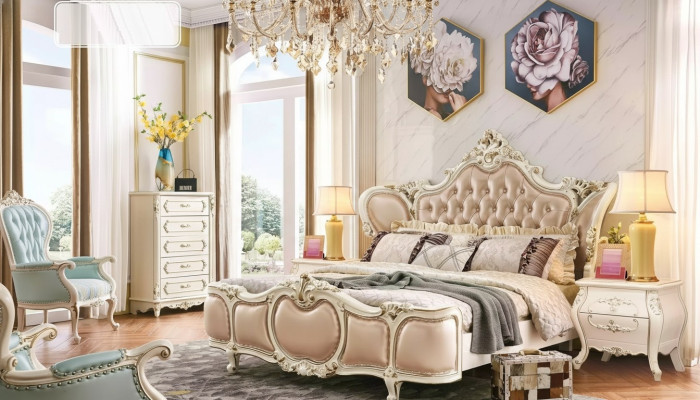 möbel de dormitorio clásicos cama con 2 mesitas de noche cómoda conjunto de lujo de 4 piezas