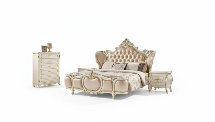 möbel de dormitorio clásicos cama con 2 mesitas de noche cómoda conjunto de lujo de 4 piezas