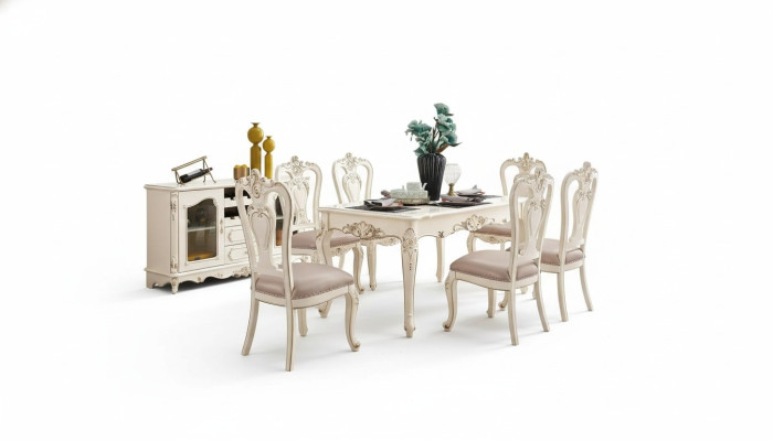Comedor conjunto de muebles para su interior, muebles clásicos en blanco perla de 8 piezas.