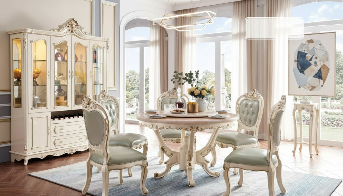 Conjunto de comedor blanco perla Mesa de comedor 6 sillas Vitrina Juego de lujo de 8 piezas