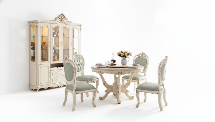 Conjunto de comedor blanco perla Mesa de comedor 6 sillas Vitrina Juego de lujo de 8 piezas