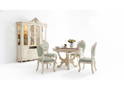 Conjunto de comedor blanco perla Mesa de comedor 6 sillas Vitrina Juego de lujo de 8 piezas