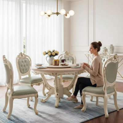 Conjunto de comedor de 7 piezas en madera, muebles clásicos, mesa de comedor + 6 sillas de lujo.