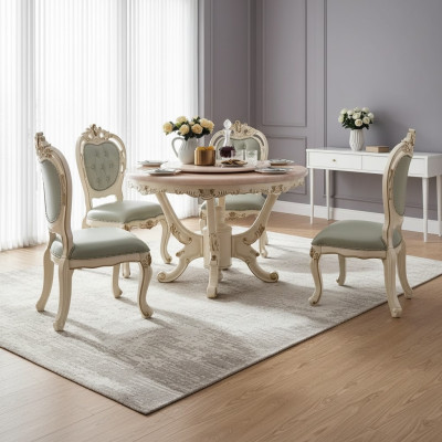 Conjunto de comedor de 7 piezas en madera, muebles clásicos, mesa de comedor + 6 sillas de lujo.