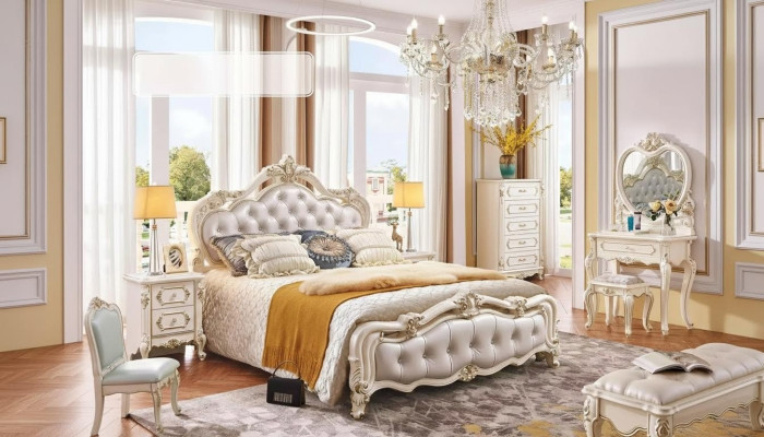 Conjunto de dormitorio cama 2 mesitas de noche tocador taburete cómoda 6 piezas de lujo