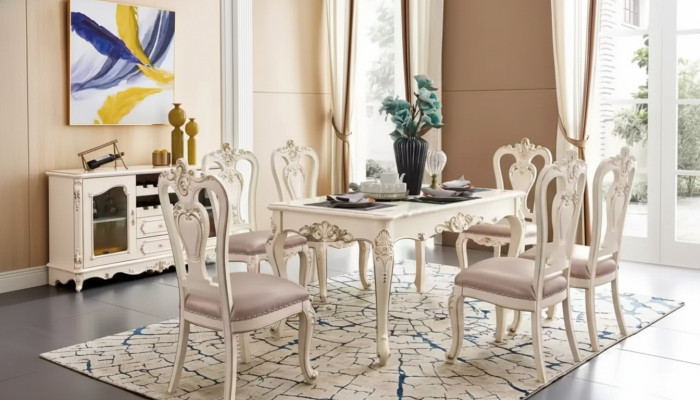 Mesa de comedor de lujo, juego de comedor de 6 sillas, muebles clásicos de 7 piezas nuevos.