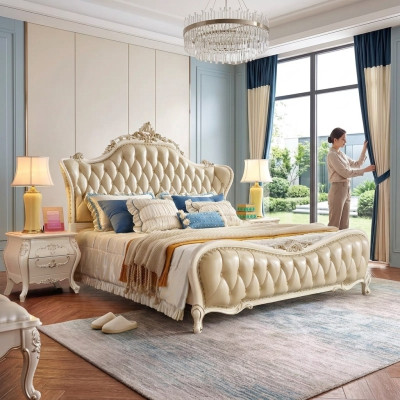 Conjunto de dormitorio clásico: cama chesterfield, 2 mesitas de noche de madera maciza, 3 piezas.