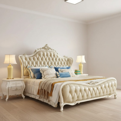 Conjunto de dormitorio clásico: cama chesterfield, 2 mesitas de noche de madera maciza, 3 piezas.