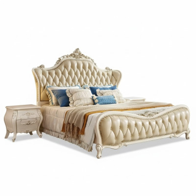 Conjunto de dormitorio clásico: cama chesterfield, 2 mesitas de noche de madera maciza, 3 piezas.